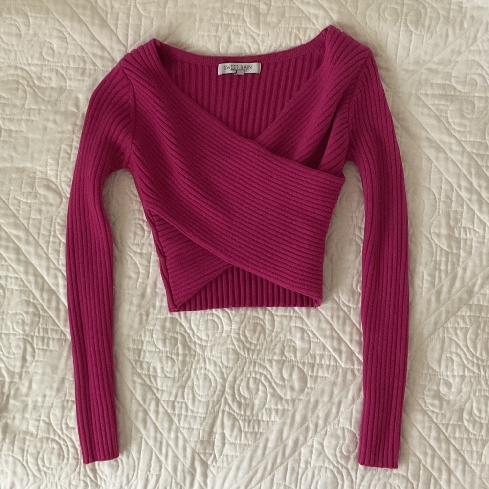 Sweet Rain Fuchsia Ribbed Wrap Top